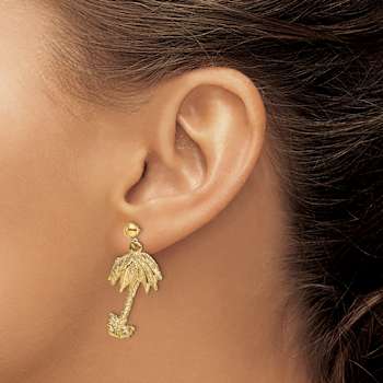14K Yellow Gold Textured Palm Tree Dangle Earrings