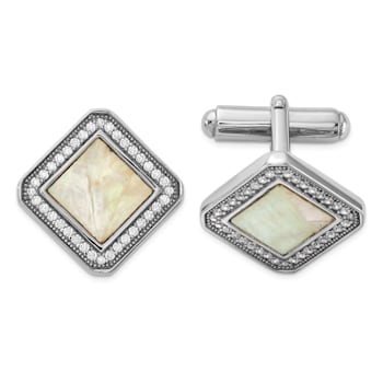 Sterling Silver Rhodium-plated Cubic Zirconia and Mother of Pearl Square
Cuff Links