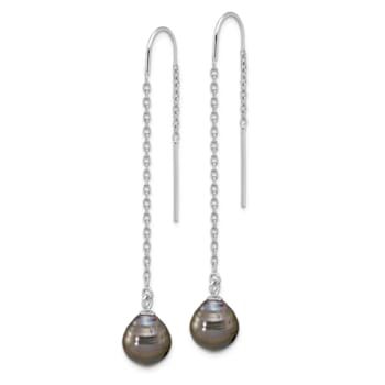 Rhodium Over Sterling Silver Black Tahitian Pearl Threader Earrings