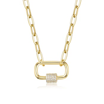 Pave CZ Paperclip Link Charm Necklace In 14K Gold Over Brass 16 Inch