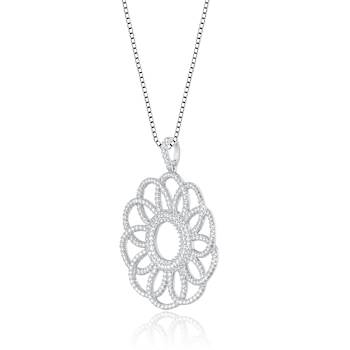 Floral CZ Pendant Necklace In Sterling Silver