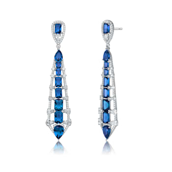 Blue Cubic Zirconia, Rhodium Over Sterling Silver Ladder Style Dangle Earrings
