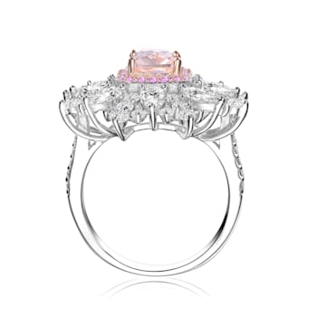 Morganite Cubic Zirconia, Rhodium Plated over Sterling Silver Halo Ring