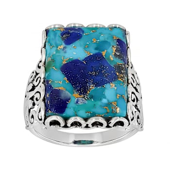 Blended Turquoise And Lapis Lazuli Solitaire Ring In Oxidized Sterling Silver