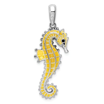 Rhodium Over Sterling Silver 3D Enameled Yellow Seahorse Pendant