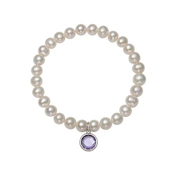 Freshwater Pearl And Light Purple CZ Charm Stretch Bracelet In Sterling Silver