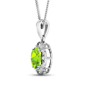 2.02ctw 14K White Gold Cushion Peridot and White Diamond Pendant with 18
inch Cable Chain