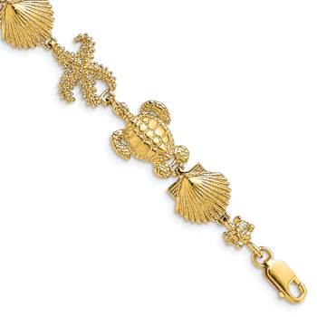 14k Yellow Gold Polished and Textured Turtle, Shell and Starfish Link Bracelet
