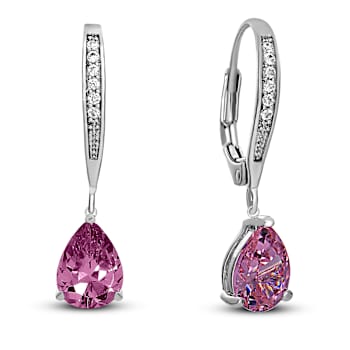 Pink CZ Teardrop Drop Earrings In Sterling Silver
