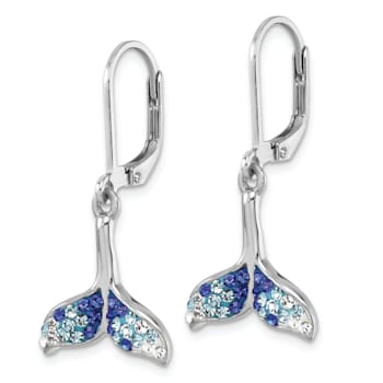 Rhodium Over Sterling Silver Polished Crystal Whale Tail Dangle Earrings