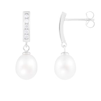 7-8mm White Cultured Freshwater Pearl and Cubic Zirconia Rhodium Over
Sterling Silver Earrings