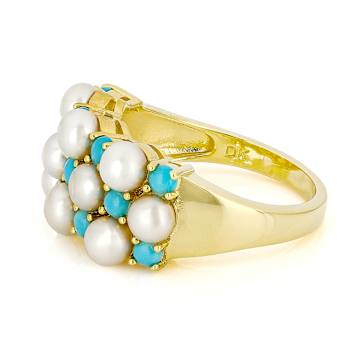 Turquoise And Cultured Seed Pearl Band Ring In 18K Gold Over Sterling Silver