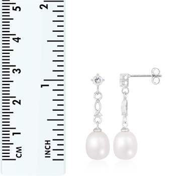 White Cultured Freshwater Pearl and Cubic Zirconia Rhodium Over Sterling
Silver 7-8mm Drop Earrings