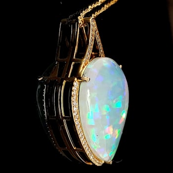 Ethiopian Opal Pudgy Pear Cabochon and Round Diamond 14K Yellow Gold
Pendant with Chain, 18.30ctw