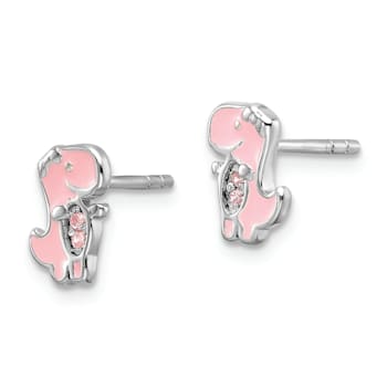 Rhodium Over Sterling Silver Pink Cubic Zirconia and Enamel Dinosaur
Children's Post Earrings