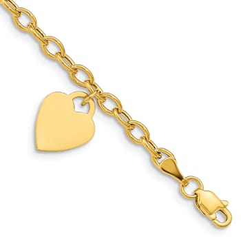 10k Yellow Gold Cable Link Anklet with Dangle Heart Charm