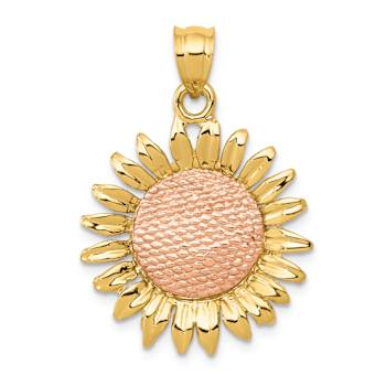 14k Two-tone Gold Polished and Textured Sunflower Pendant