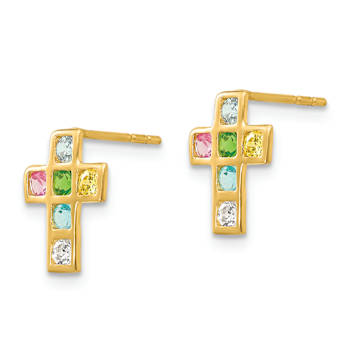 14k Yellow Gold Multi-Colored Cubic Zirconia Cross Stud Earrings
