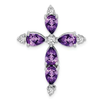 Rhodium Over 14k White Gold Amethyst and Diamond Cross Chain Slide Pendant