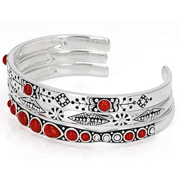 Red Coral Sterling Silver Cuff Bracelet Set Of 3