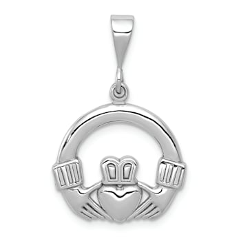 Rhodium Over 14k White Gold Textured Claddagh Charm