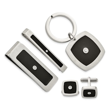 White Cubic Zirconia And Black Enamel Stainless Steel Boxed Set
