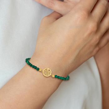Yellow Stainless Steel Polished Tree of Life Green Jade Stretch Bracelet