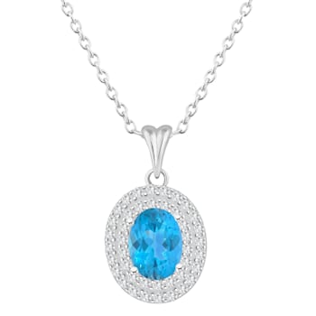 8x6mm Oval Swiss Blue Topaz And White Topaz Rhodium Over Sterling Silver
Double Halo Pendant w/Chain