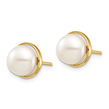14K Yellow Gold 7-8mm White Button Freshwater Cultured Pearl Post Earrings
