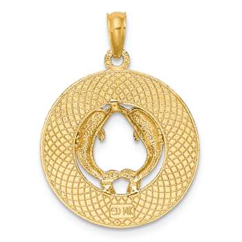 14k Yellow Gold Textured Jamaica with Dolphins Circle Charm