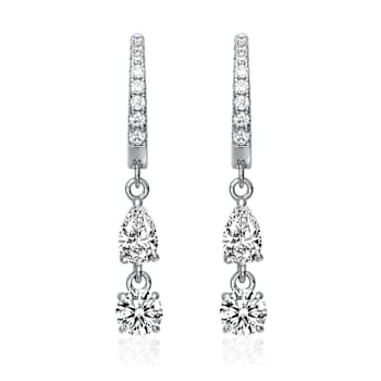 Two-Stone CZ Dangle Huggie Earrings In White Rhodium Over Brass