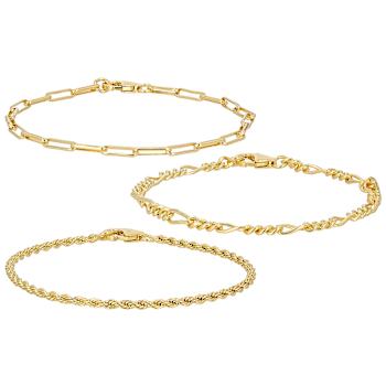 Rope, Paperclip And Figaro Link Bracelet Set In 18K Gold Over Bronze