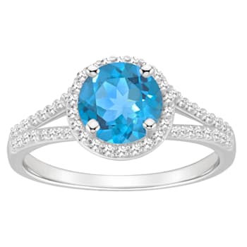 7mm Round Blue Topaz 1/4 ctw Diamond Rhodium Over Sterling Silver Halo Ring