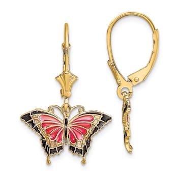14k Yellow Gold Butterfly with Pink and Black Enameled Wings Dangle Earrings