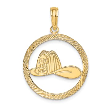 14k Yellow Gold Textured Fireman Helmet in Disk pendant