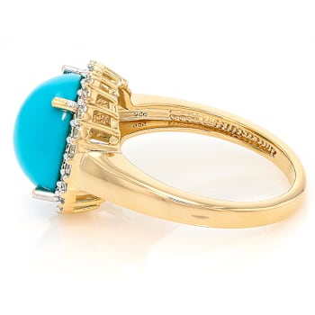 Turquoise And White Zircon Round Ring In 18K Gold Over Sterling Silver 0.43ctw