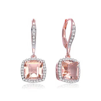 Morganite Color CZ Halo Drop Earrings In 18K Rose Gold Over Sterling Silver