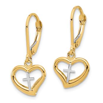 14k Yellow Gold and 14k White Gold Polished Cross in Heart Dangle Earrings