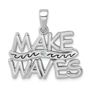 Rhodium Over Sterling Silver Polished 'Make Waves' with Crystal Pendant