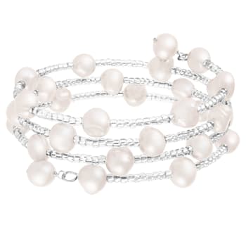 Sterling Silver Rhodium Plated Triple Row Freshwater Pearl Coil Bracelet