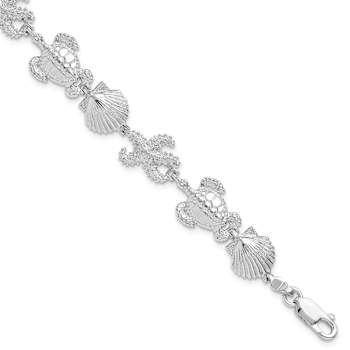 Rhodium Over Sterling Silver Polished Turtle, Shell, Starfish Bracelet
