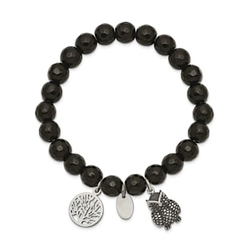 Stainless Steel Antiqued and Polished Owl Black Jade Stretch Bracelet
