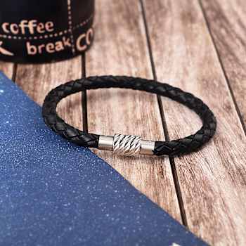 Mens Black Leather Braided Rope Bracelet with Stainless Steel Magnetic Closure
