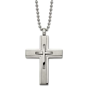 Titanium Brushed and Polished Cross Pendant with 22 Inch Ball Chain
