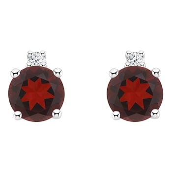 4mm Round Garnet with Diamond Accents 14k White Gold Stud Earrings