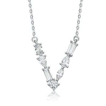 Initial V Mixed Cut CZ Pendant Necklace In Sterling Silver 18 Inch
