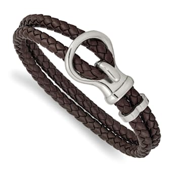 Brown Braided Leather and Stainless Steel Polished 8-inch Bracelet