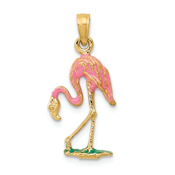 14k Yellow Gold Pink and Green Enameled Flamingo Pendant