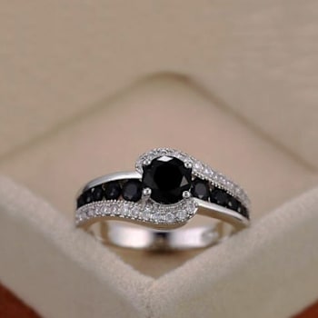 Black Spinel And White Topaz Accents Rhodium Over Sterling Silver Bypass Ring