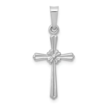 Rhodium Over 14k White Gold Polished Center Flower Cross Pendant